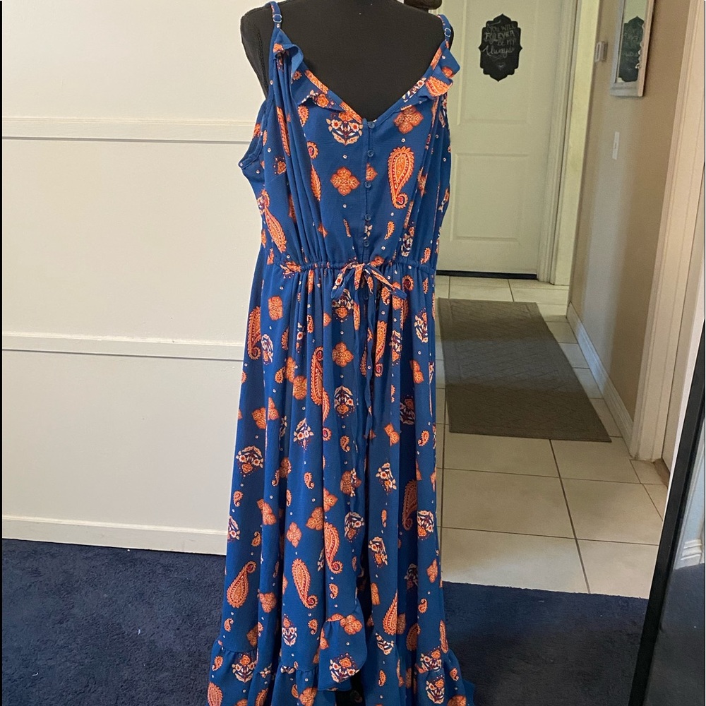 Royal blue paisley dress high low with ruffles